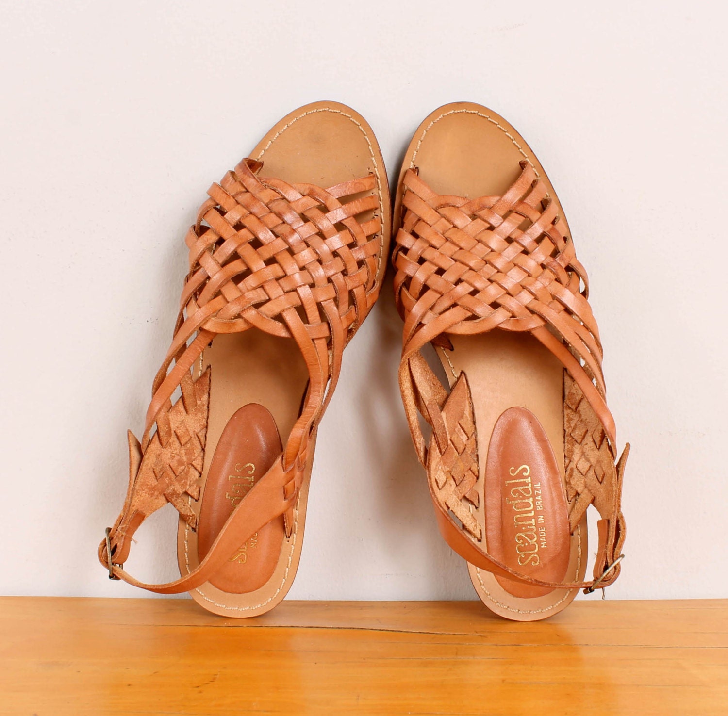 1980s Wooden Sole Huaraches - Womens 7.5 - Brown / Tan Woven Leather Sandals Open Toe 80s Huarache Flats Sandal Slingbacks Summer Footwear