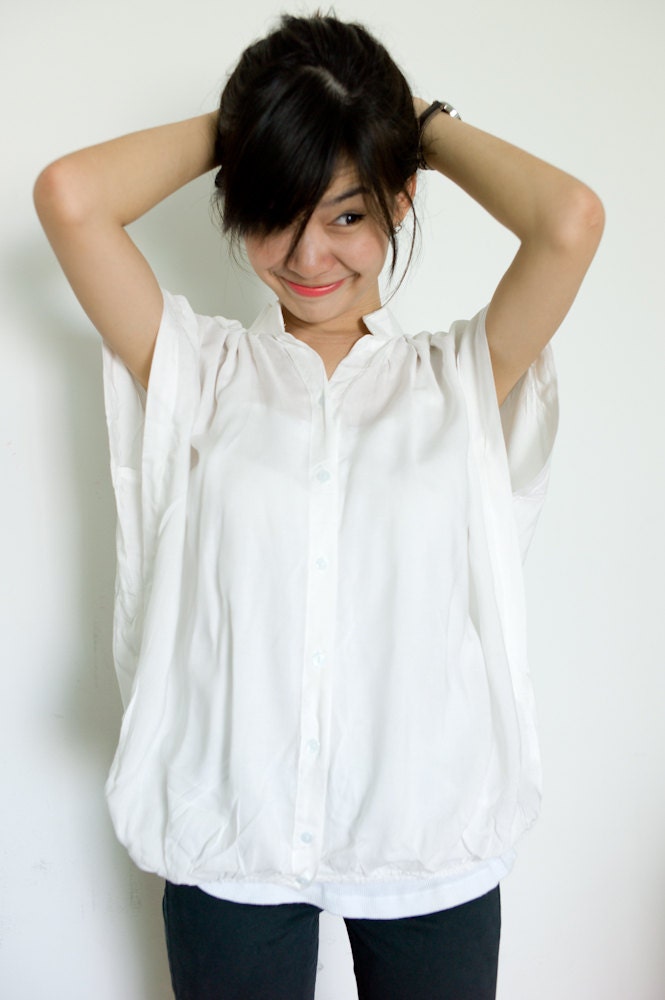 Mandarin Collar Dolman Sleeve Blouse / White / Blouse / White Top / Chinese collar shirt