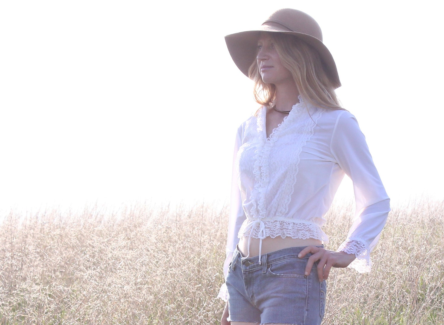 Vintage 1970s Hippie Blouse in White Lace Sheer Romantic Cropped V Neck Womens Small - Medium