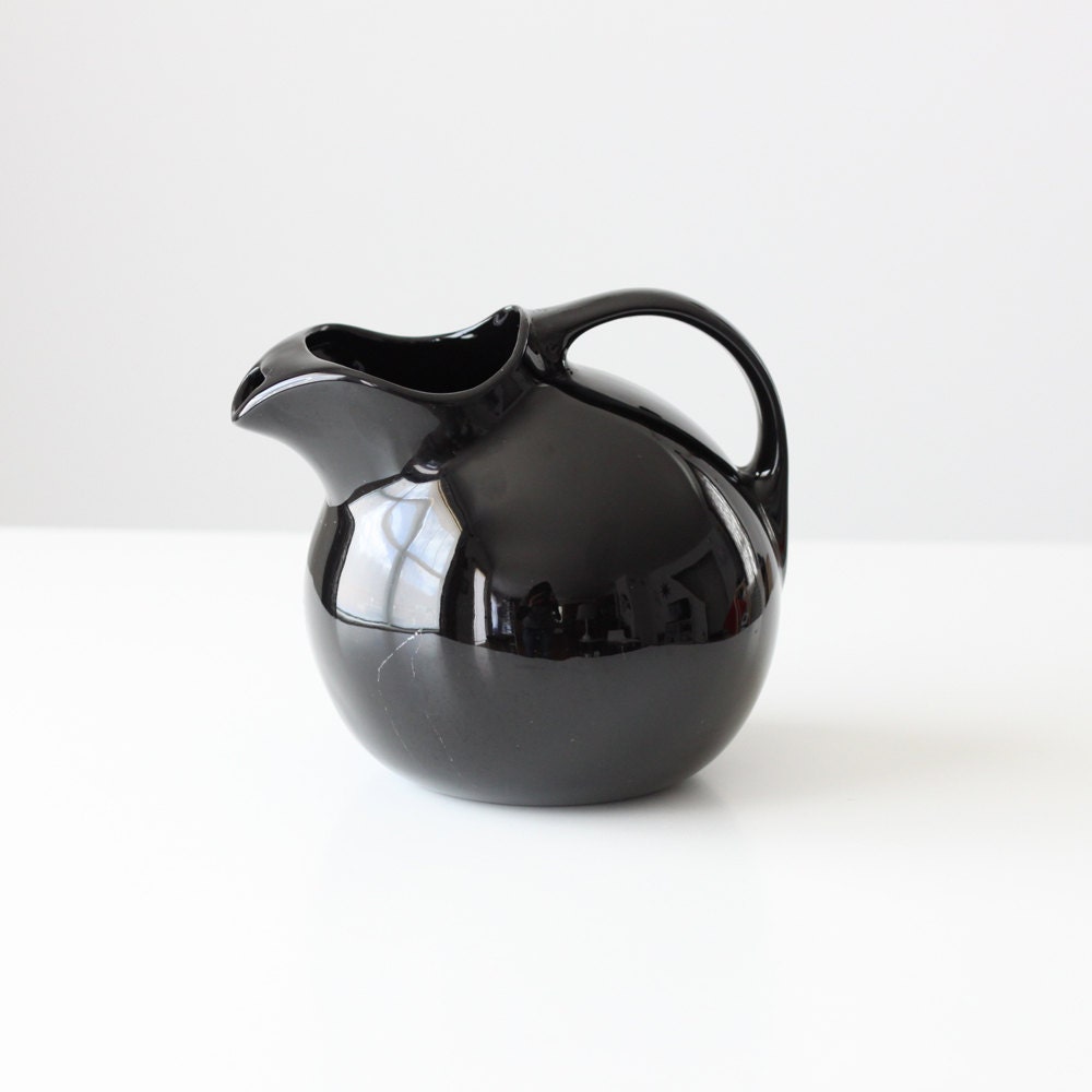 Vintage Modern Tilt Pitcher / Glossy Black Glazed Ceramic