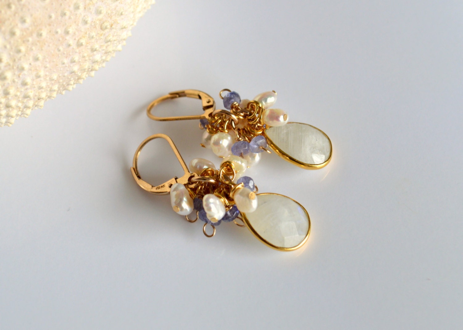 Moonstone, tanzanite and pearl gold cluster earrings