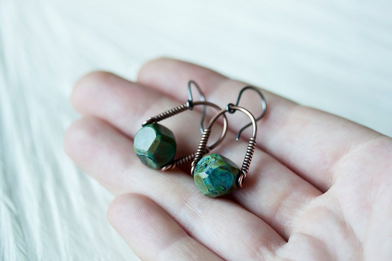 Green Minimalist Earrings - Modern Copper Dangle Earrings, Olive Green Picasso bead - Geometric jewelry, sterling silver earwire