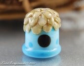 Blue Dot Birdhouse Focal Bead, Handmade Glass Lampwork Bead, Birds