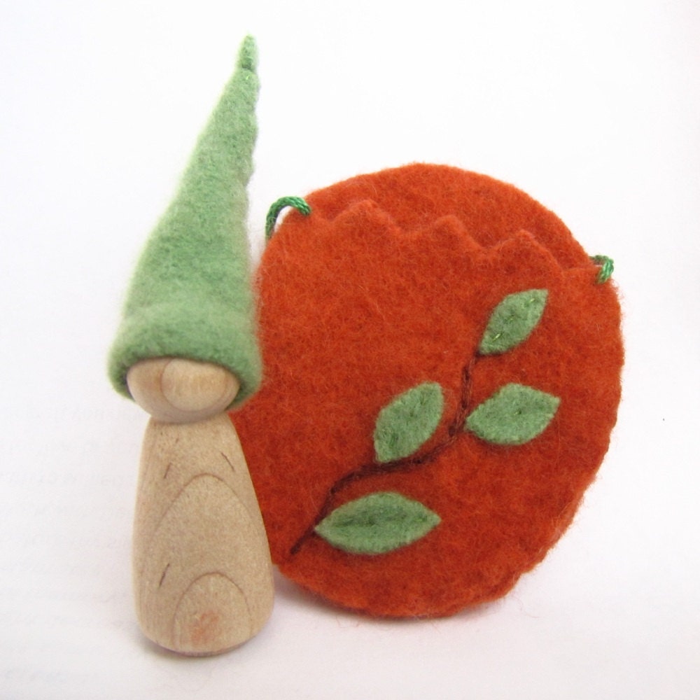 Wool Easter Egg Toy, Orange and Green Leaves Peg Doll, Waldorf Gnome, Felted Wool Playset