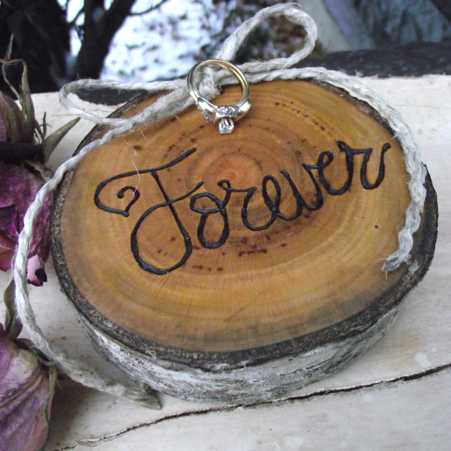 Ring Bearer Wood Slice - Wood Ring Bearer Pillow - Eco-Friendly Wood Burned Ohio Cherry Wood - Rustic Outdoor Barn or Woodland Wedding