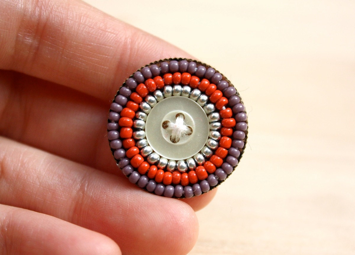 Candy Button - Beaded Geometric Brooch with Orange & Purple Seed Beads