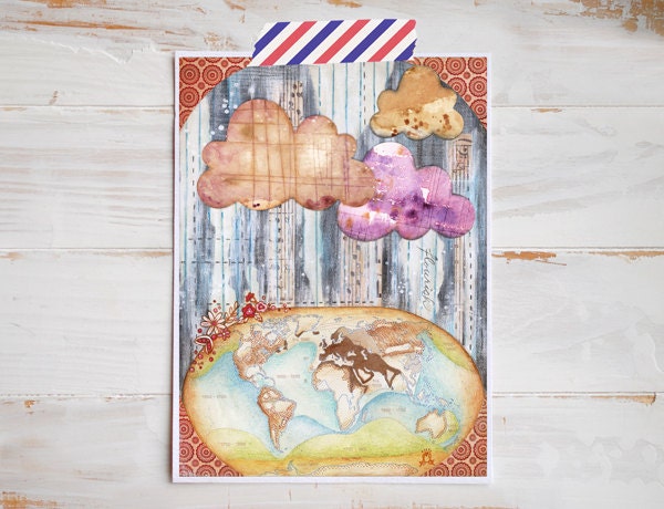 Flourish. Watercolor Mixed Media Collage with Clouds, Rain and Altered Vintage Map.
