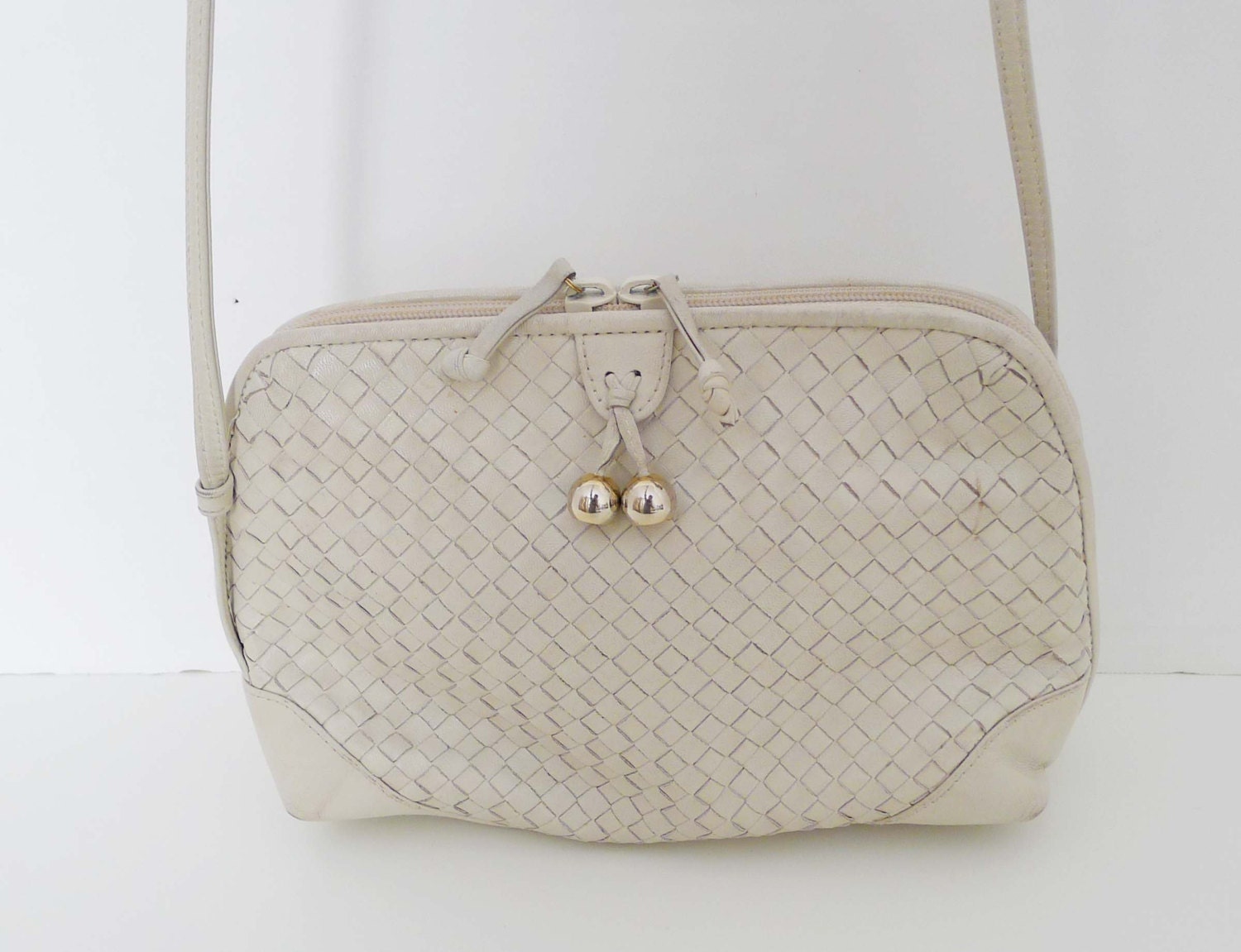 Bone wicker or woven leather shoulder handbag by GANSON