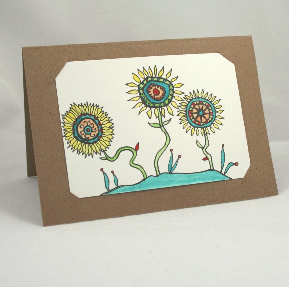 ACEO . Original Watercolor Painting . Pen Drawing . Whimsical Flowers . Sunflower Art