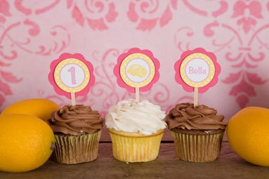 CUPCAKE TOPPERS - Pink Lemonade Themed Happy Birthday Party Decorations - Lemonade Birthday Party in Yellow and Pink (12) Il_170x135