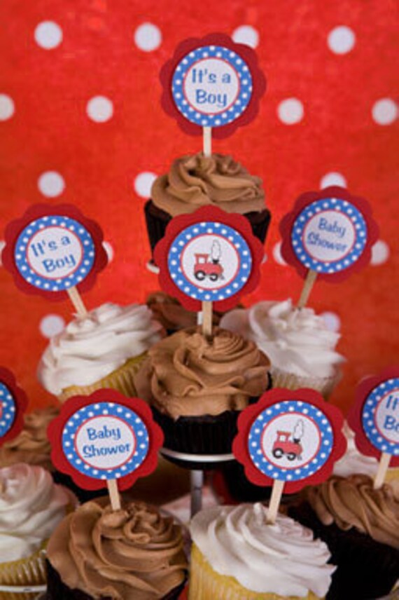 Train Theme Cupcake Toppers in Blue & Red - Train Baby Shower Decorations (12) Il_570xn