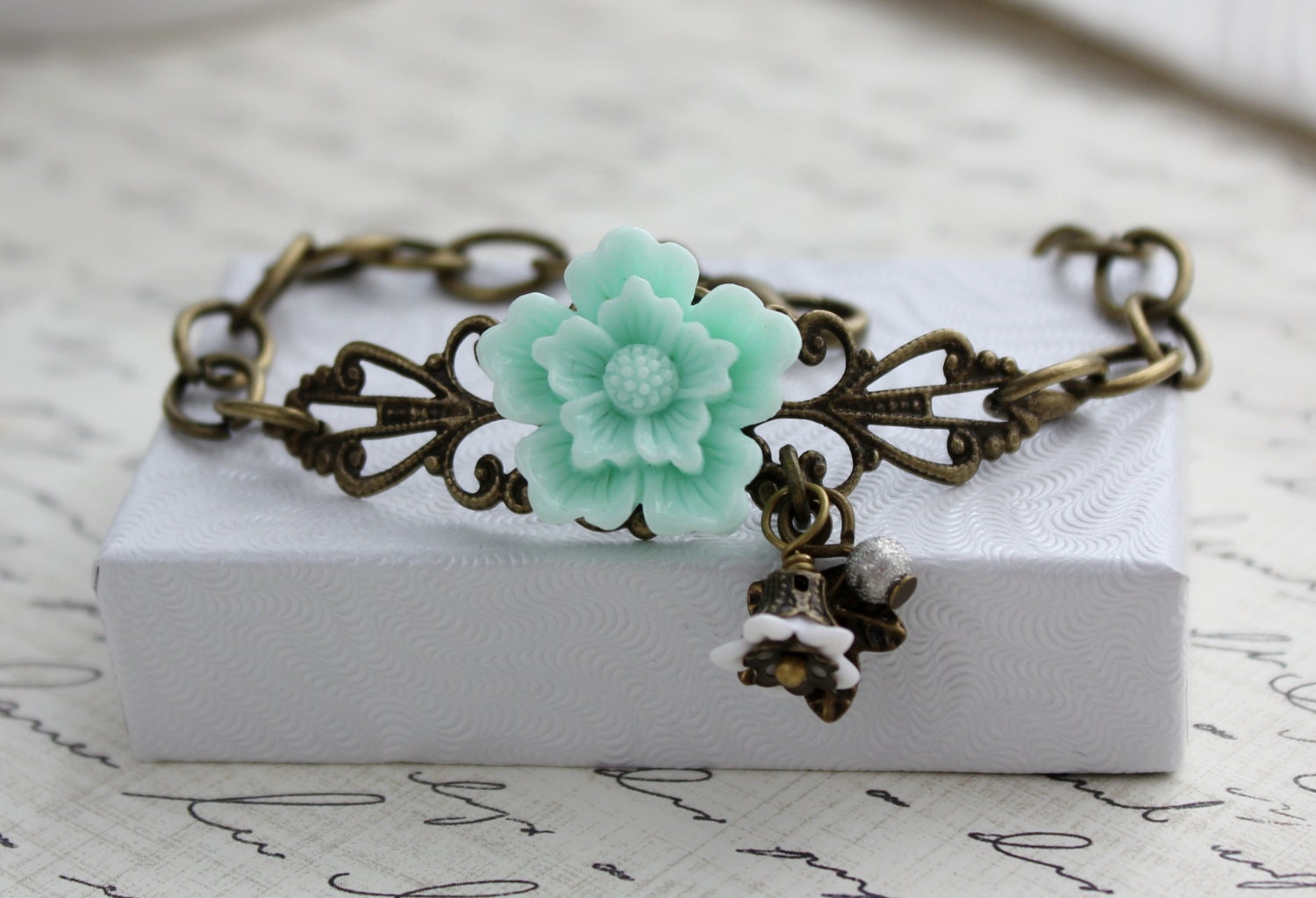 Soft Mint Sakura Flower Filigree Bracelet in Antique Brass. Sea Foam Green. Leaf. Spring Jewelry