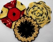 Lot Of Three Different Vintage Red, Yellow And Black Crocheted Pot Holders, Doilies Or Trivets
