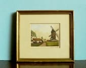 Vintage  Art  Windmill Etching with Farmhouse Handpainted Signed Numbered