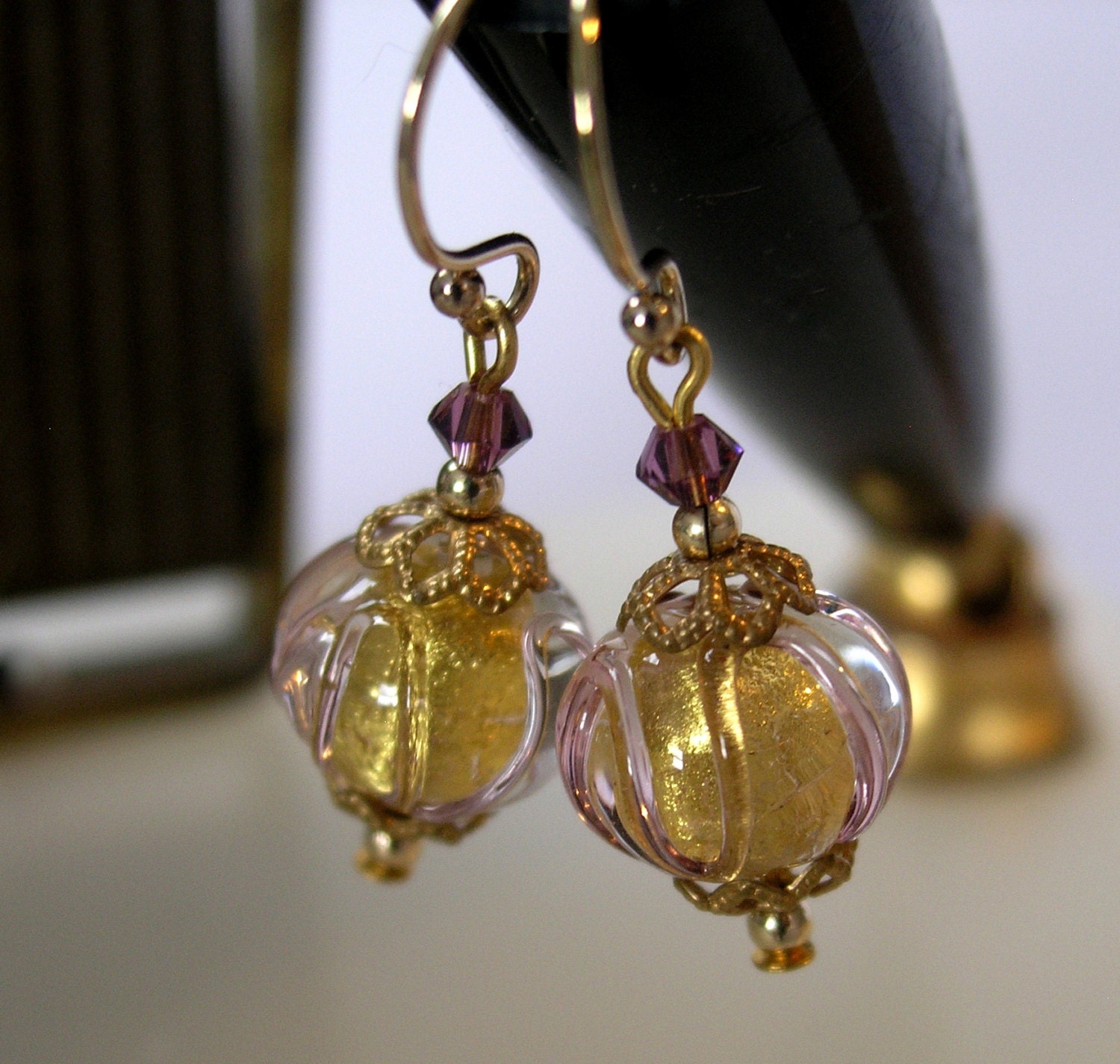 Victorian style Earrings with Venetian Glass and Vintage Bead Caps
