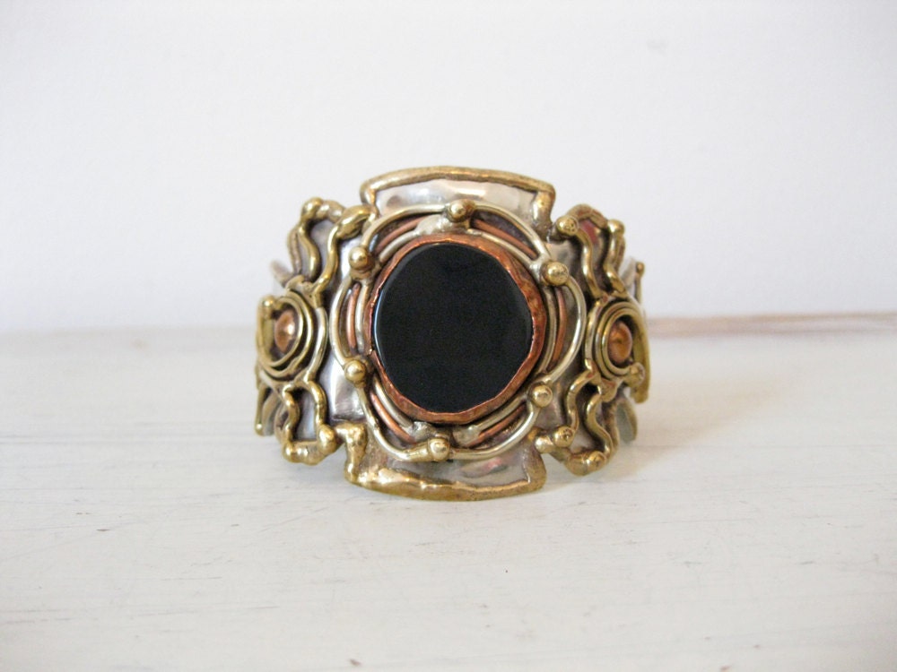 70s brutalist brass copper and onyx cuff