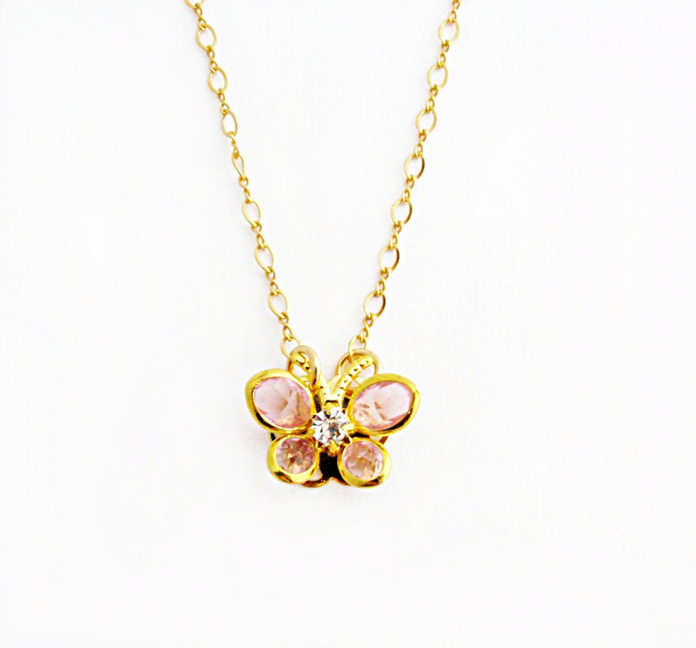 Gold Butterfly Necklace Pink Butterfly Necklace Swarovski Butterfly Vintage Butterfly Gold Filled Chain Spring Bridesmaid Jewelry - Madame