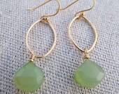 Handmade small gold hoop earrings with olive green chalcedony semi-precious stone