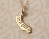 Small California State Charm Necklace, Miniature Brass Pendant, 14kt Delicate Filled Chain, Little, Simple, Mini Geography, Map, Land