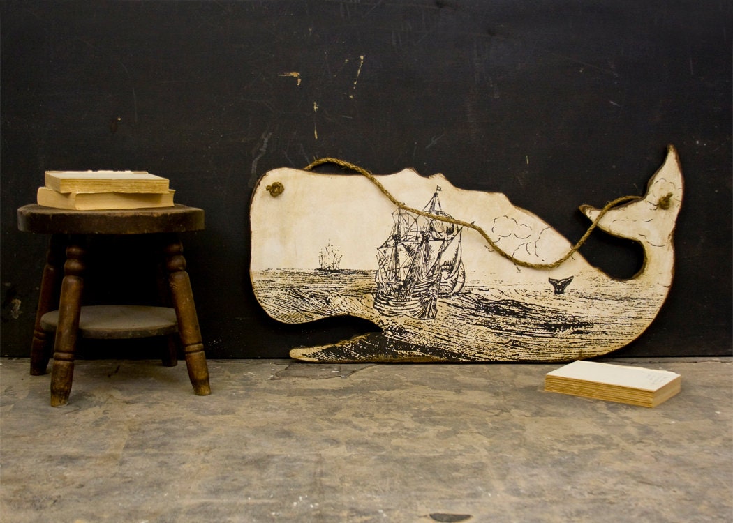 Nautical Themed Print on Large Wood Whale Hangs with Waxed Rope