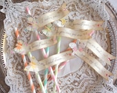 Sip and Soar. Ten Rainbow Paper Straws with Butterflies and Flags