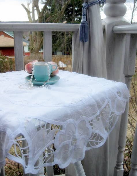 Small Vintage Round Tablecloth, Tape Lacework, White, Organza, Cottage Charm, French Country, Victorian, by mailordervintage on etsy