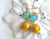 Gold Aqua Dangle Earrings Summer Beach