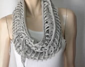 womens or mens shredded braided cotton jersey tshirt scarf , infinity scarf , eternity scarf. pale gray