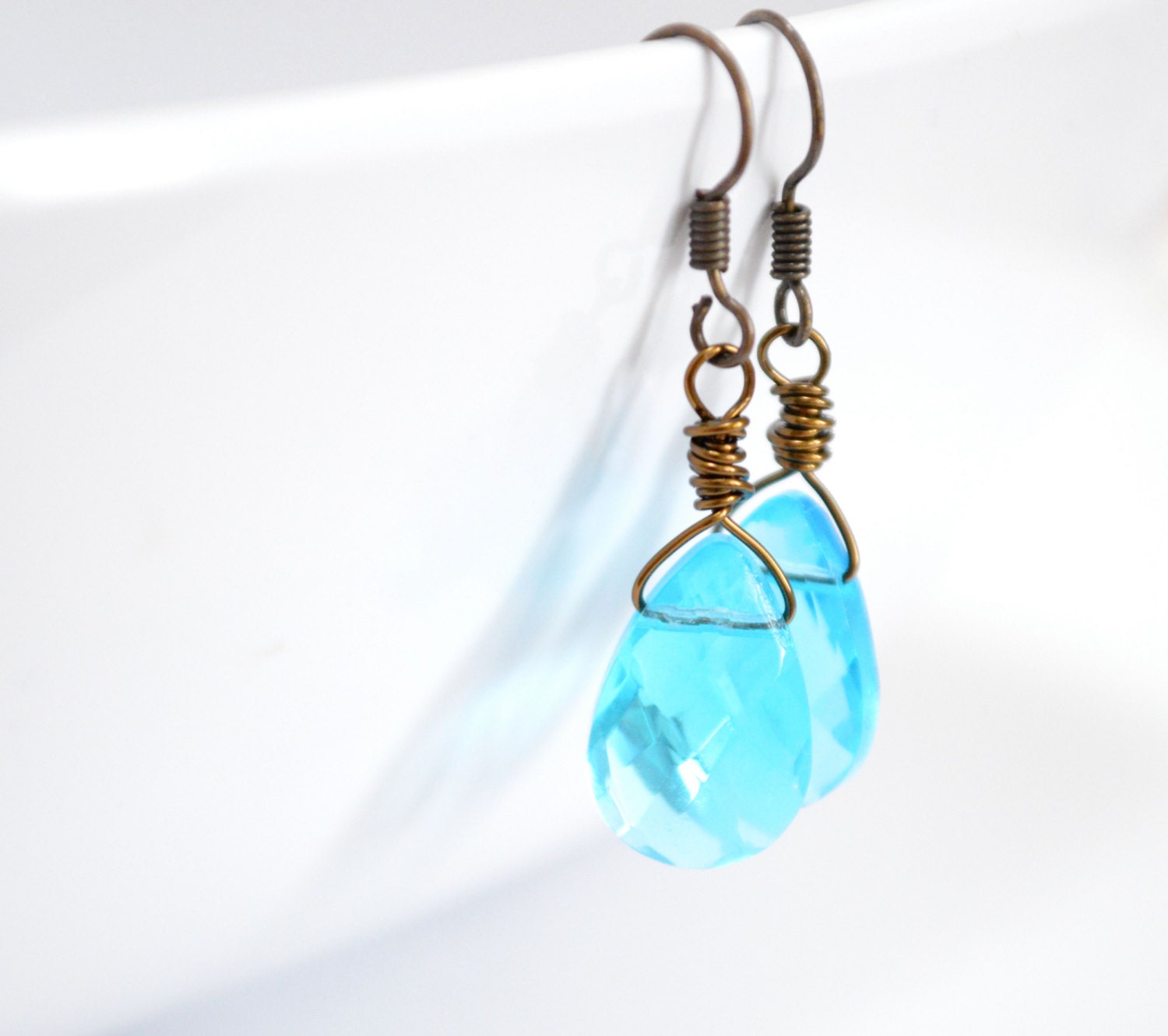 Turquoise Teardrop Earrings, Ocean Sea,Tropical Antiqued Brass Wire Wrapped Spring Fashion Under 15 Caribbean Water