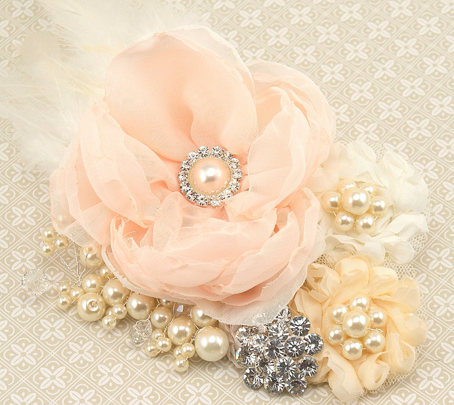 Bridal Hair Fascinator Clip in Peach, Blush and Ivory with Feathers, Crystals Pearls and Chiffon