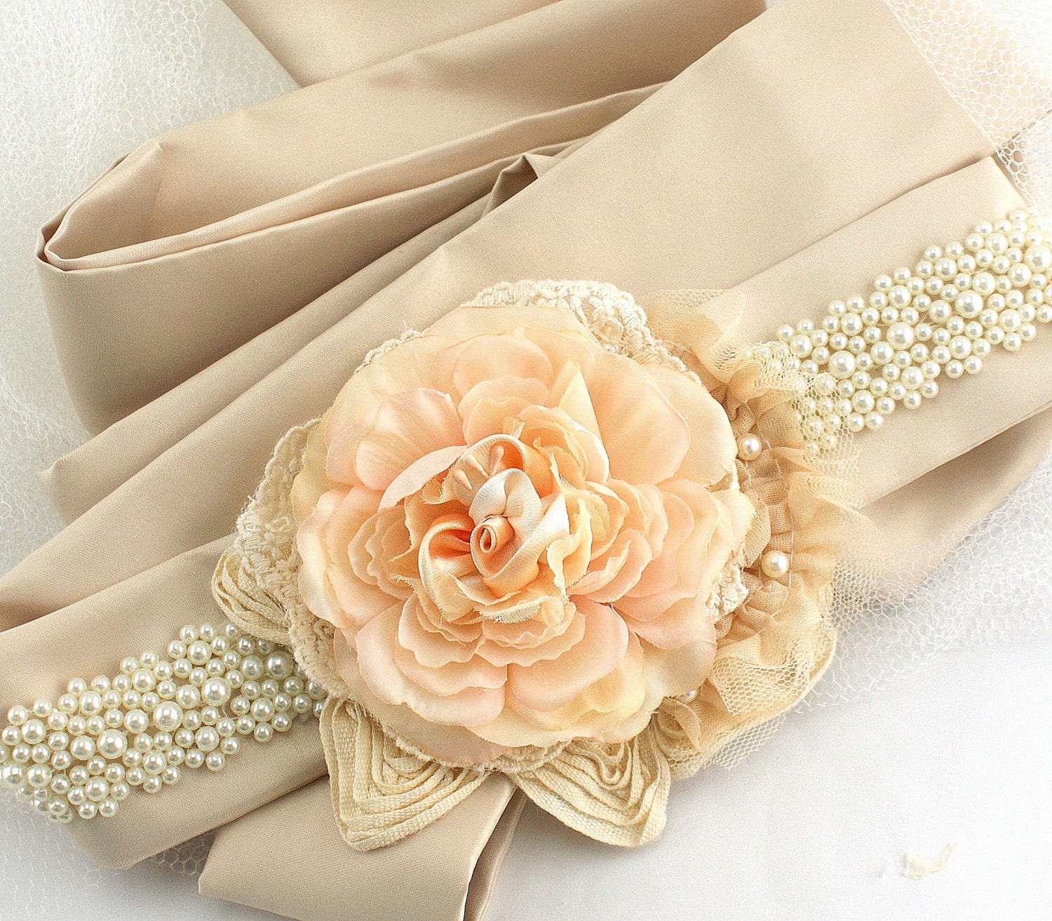 Bridal Sash- Wedding Sash in Peach, Ivory and Champagne with Satin, Lace, Chiffon and Pearls