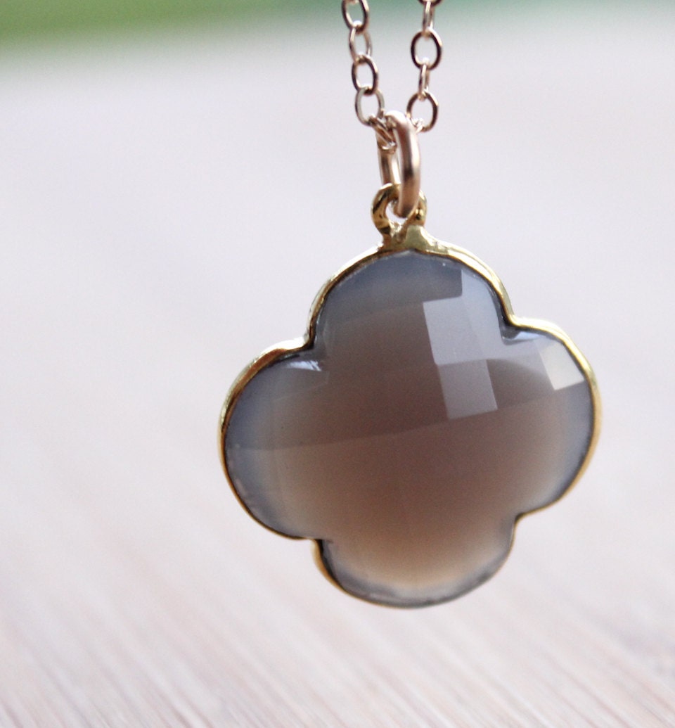 Gold Grey Chalcedony Clover Necklace - Four Leaf Clover - 14KT Gold Fill