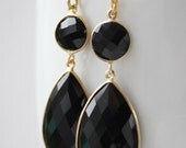 Gold Black Onyx Teardrop Gemstone Earrings - Glamourous - Red Carpet Jewelry