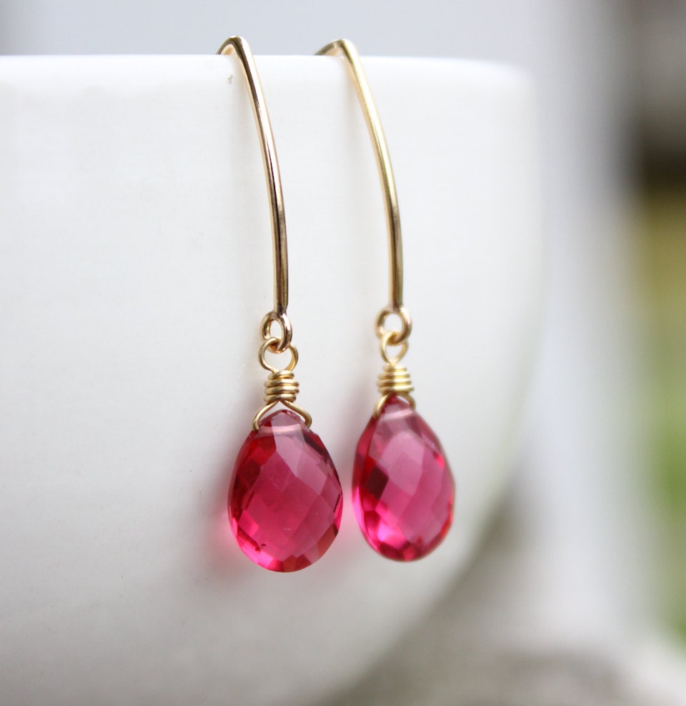 Gold Red Ruby Quartz Gemstone Earrings - Hook Earrings - Wire Wrapped