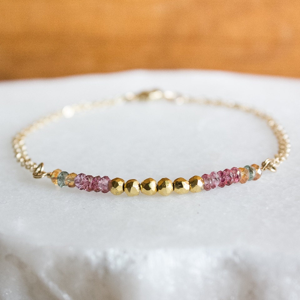 Gold Pyrite and Colourful Mystic Quartz Stackable Bracelet - Dainty Bracelet - 14K Gold Fill