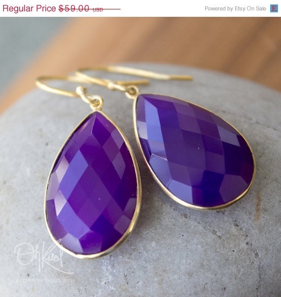 CLEARANCE SALE Gold Purple Chalcedony Teardrop Earrings - Gold Plated - Royal Purple, Clearance Sale
