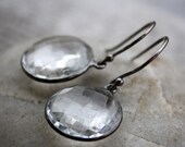 Memorial Day SALE Black Rhodium Crystal Quartz Earrings - Simple Drops - Oxidized Metal
