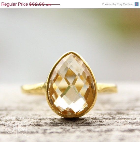 SALE 15 OFF Gold Light Yellow Citrine Gemstone Ring - Stackable Ring - Teardrop Cut