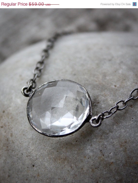 SALE 15 OFF Black Rhodium Crystal Quartz Bezel Necklace - Oxidized Metal