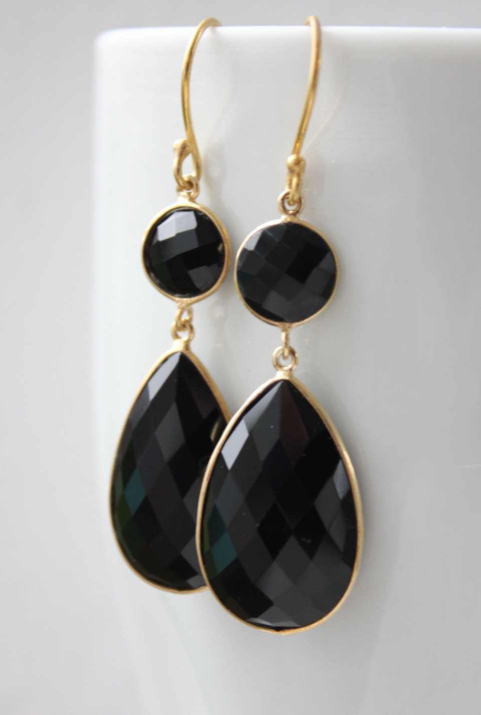 Gold Black Onyx Teardrop Gemstone Earrings - Glamourous - Red Carpet Jewelry