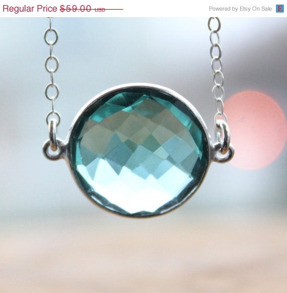 CLEARANCE SALE Silver Teal Quartz Bezel Necklace - 925 Silver - Teal Green Stone