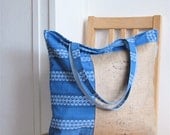 French Blue and Burlap Upcycled XL Tote - Recycled Coffee Sack Vintage Cotton Stripes Purse / Market Bag - Eco Friendly Cottage Chic - OOAK