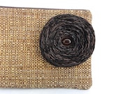 Brown Woven Clutch Handbag / Chocolate Brown Fabric Flower