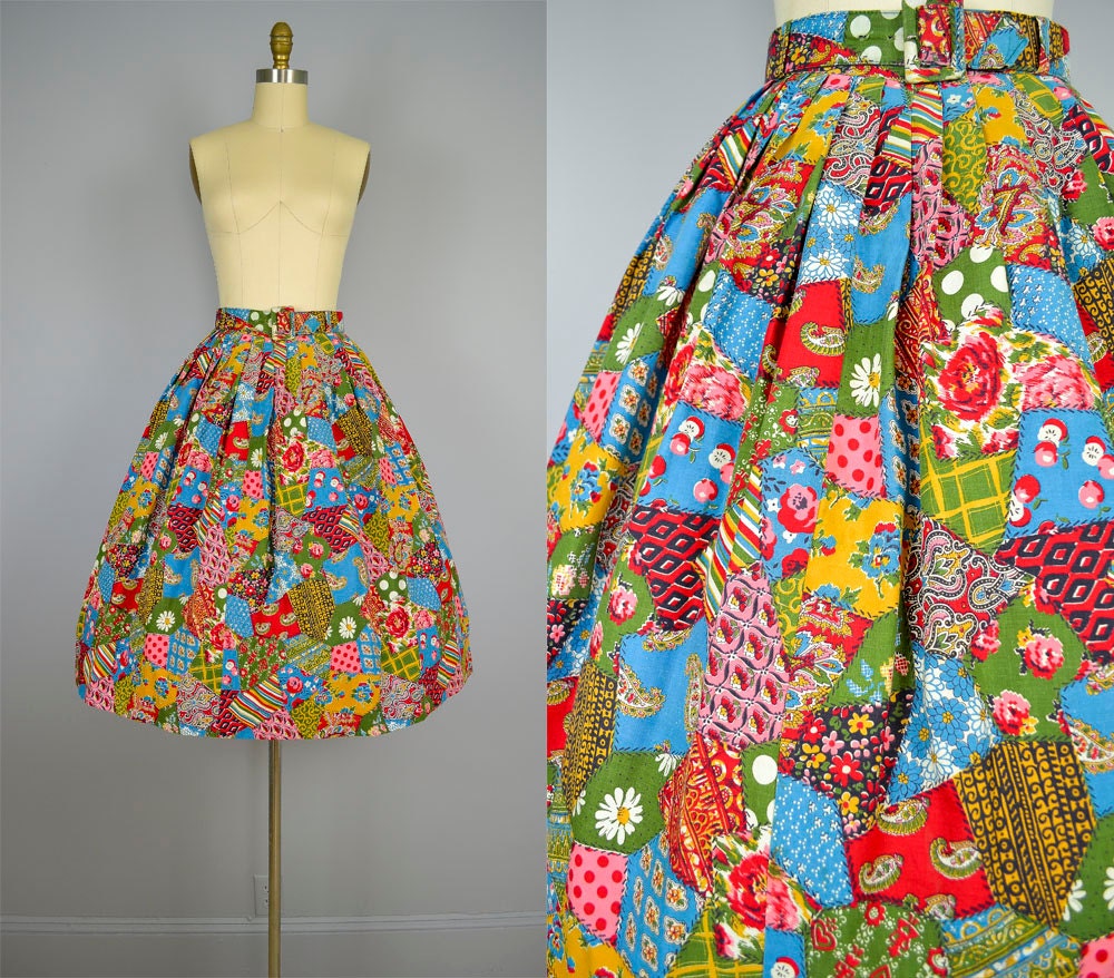1950s Circle Skirt / 50s Floral Cotton Patchwork Full Skirt
