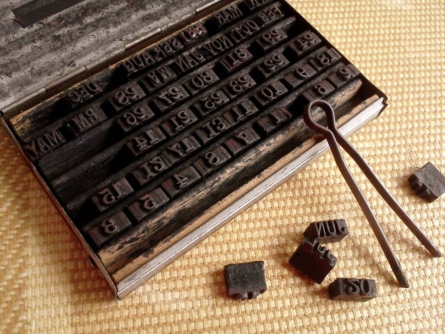 Vintage Date Stamp Lettering in Metal Box Office Supply for Assemblage Collage ArT Jewelry Making