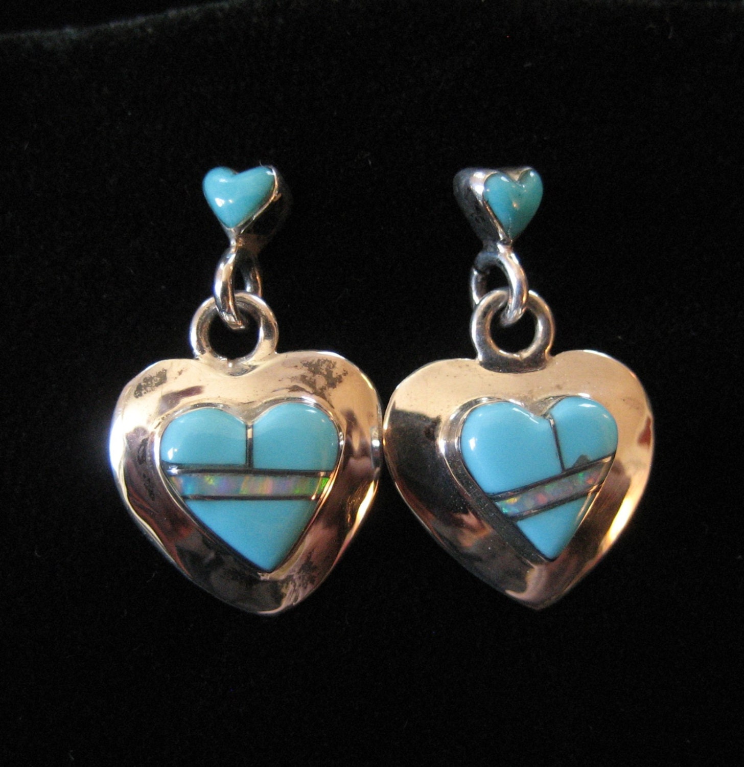 Sterling Turquoise and Opal Heart Earrings, Native American