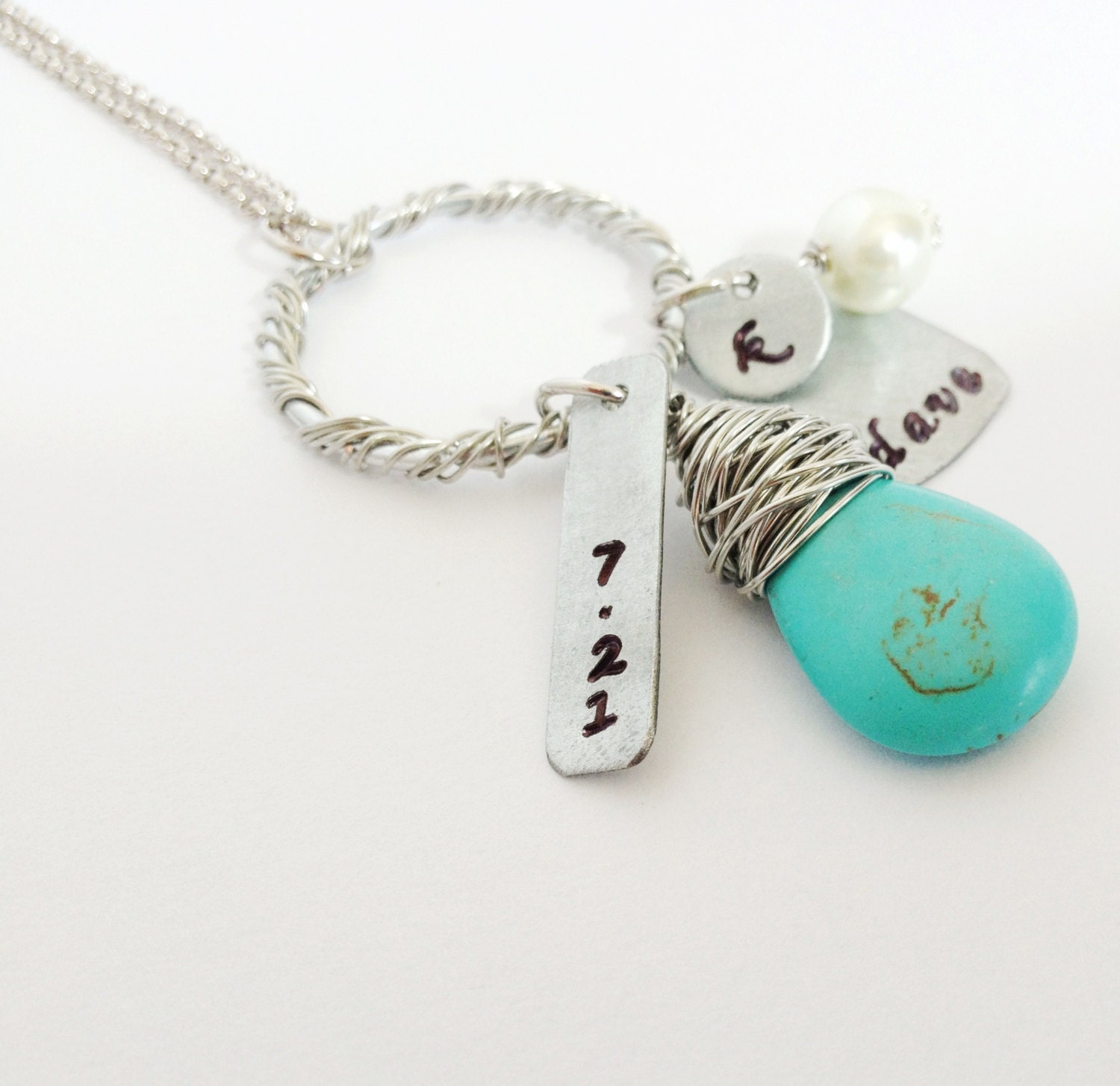 Turquoise Jewelry - Date Initial Name Necklace - Personalized Custom Hand Stamped Heart Bar Circle Charm - Unique Turquoise Pendant