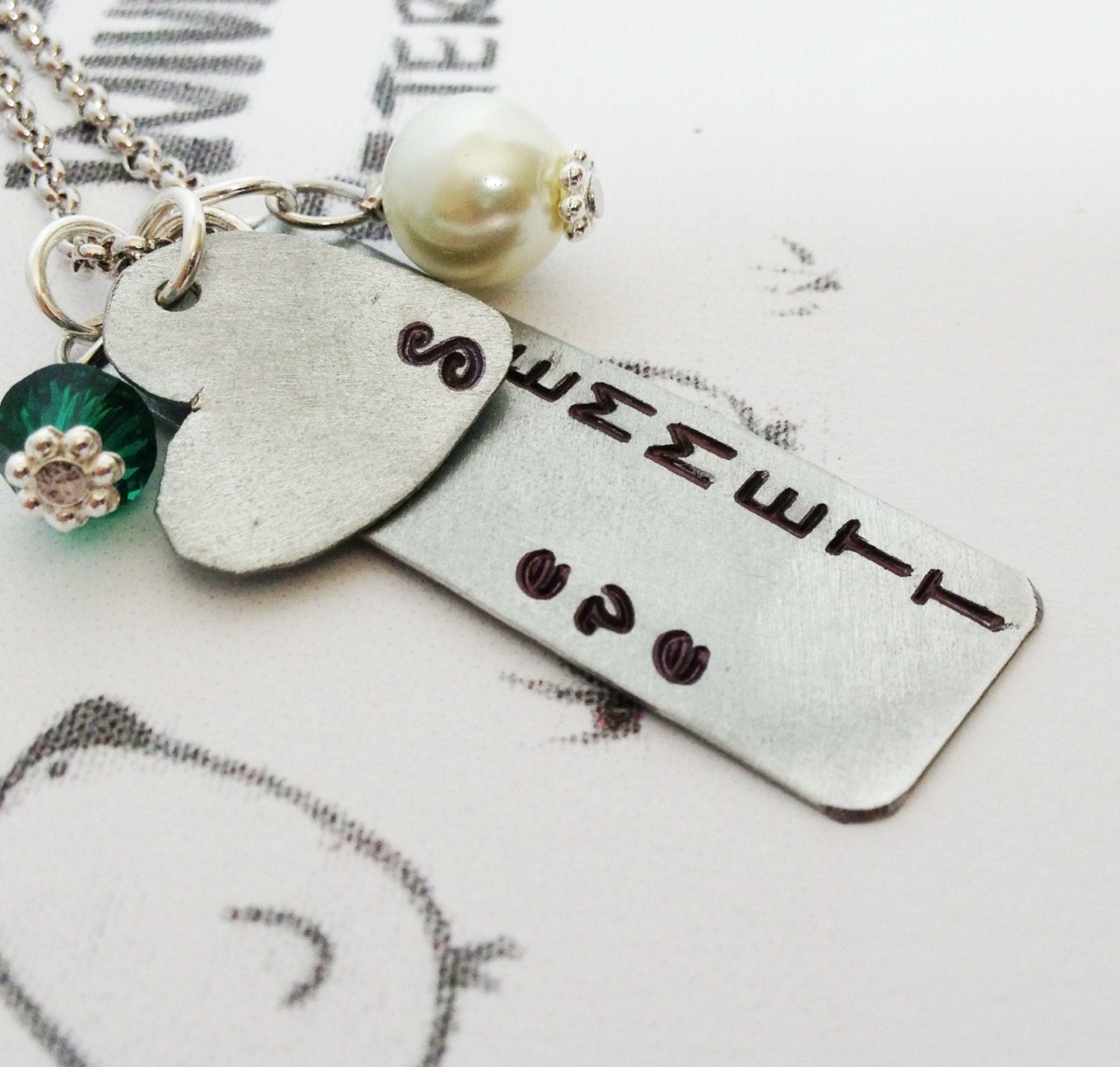 Emerald Jewelry - Mom Necklace - Personalized Custom Hand Stamped Bar Heart - Birthstone Pearl