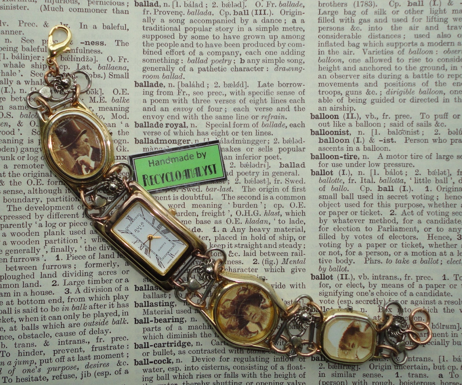 Recycled Watches Bracelet with Working Watch and 1920s Fashion Photographs,Handmade Unusual Eco Friendly Jewellery
