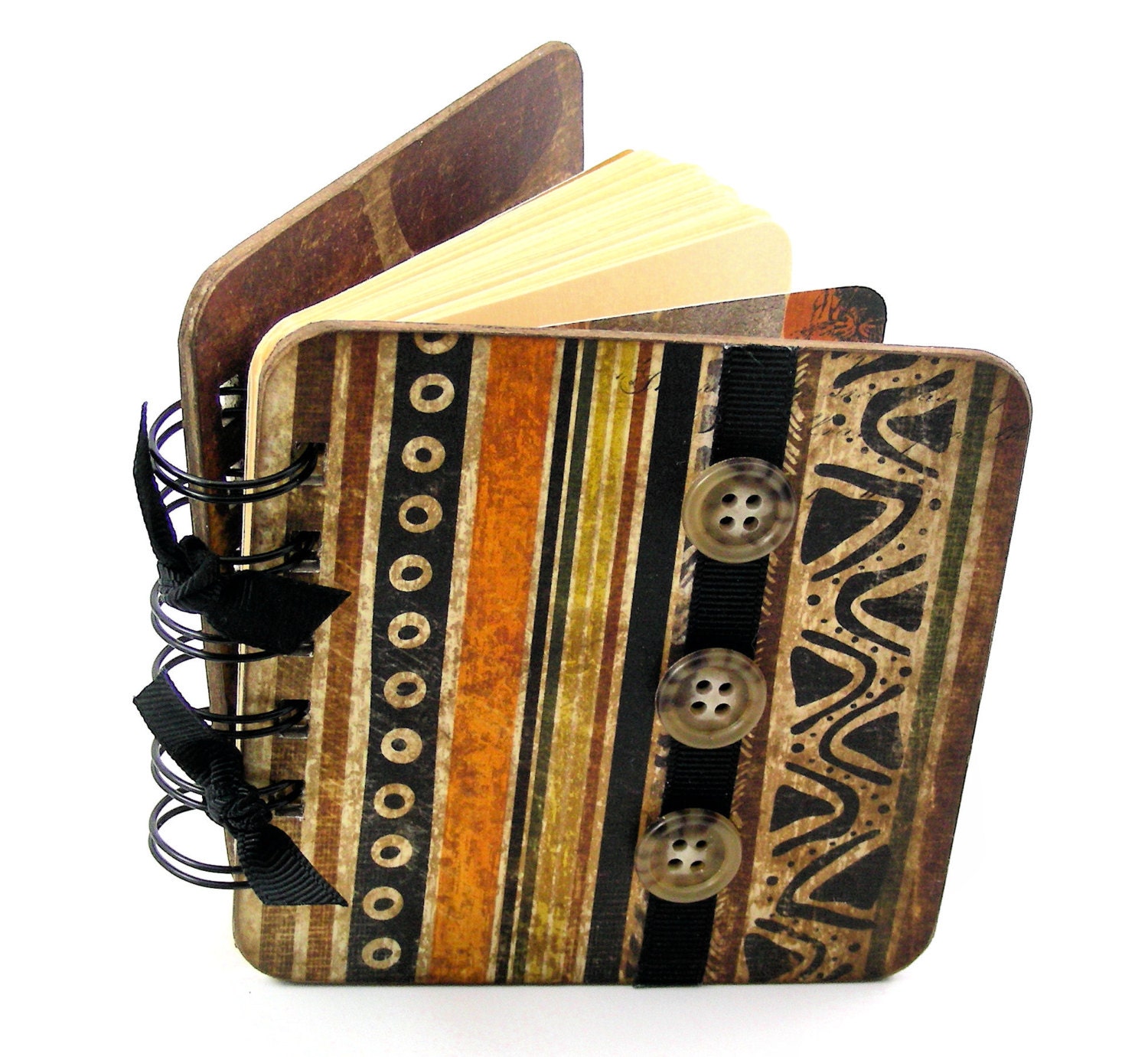 Safari Stripes Mini Blank Book, doodle - sketch - collage - write, brown - black - orange - olive
